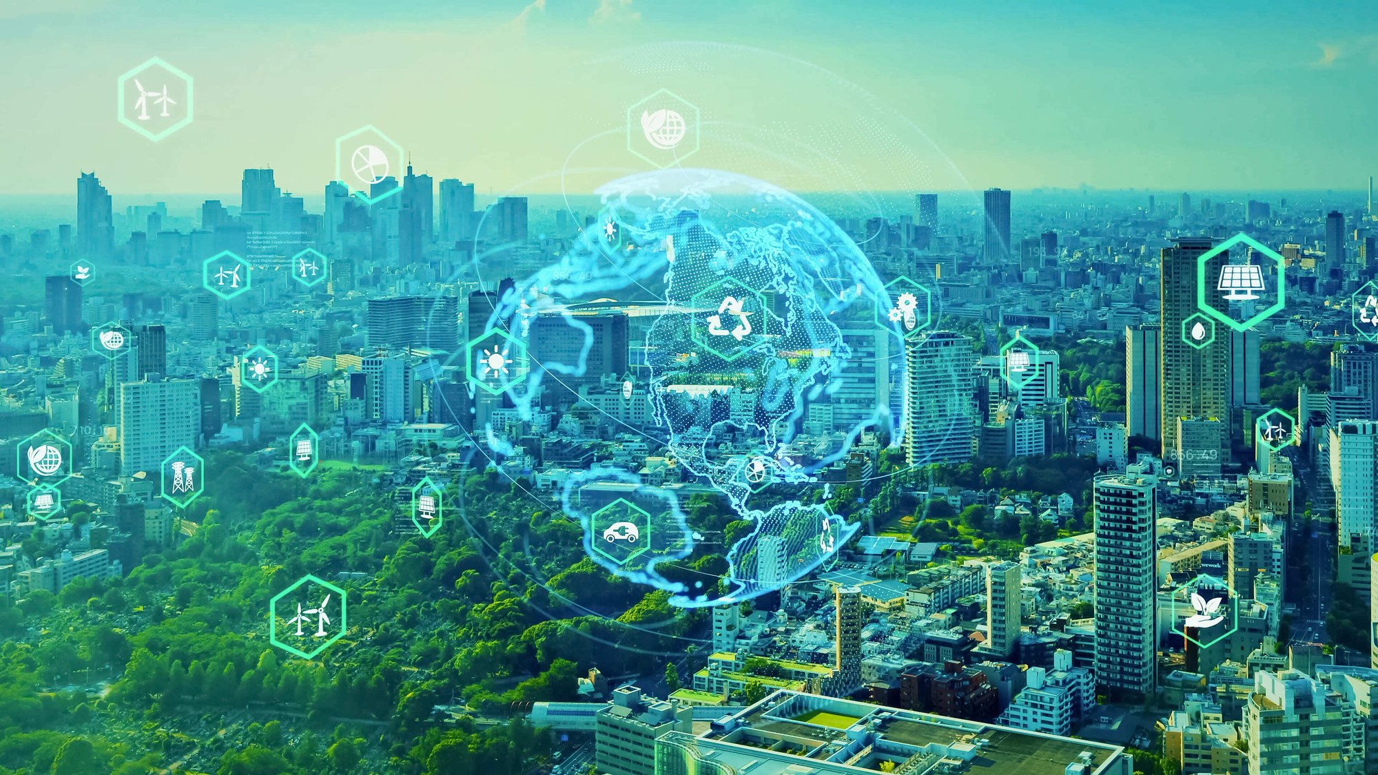 Digital globe overlay on city – global intelligence through AI-driven data automation.