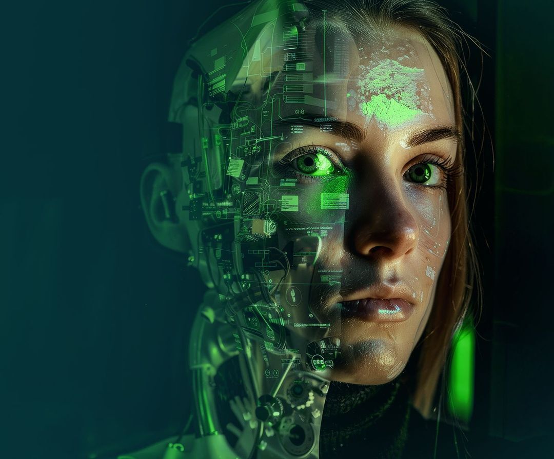 Half-human, half-digital face – representing AI integration into physical asset management.-2