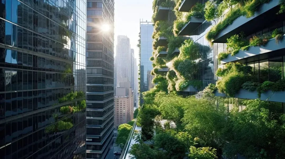 Modern smart city buildings with vertical gardens – representing sustainability and innovation.