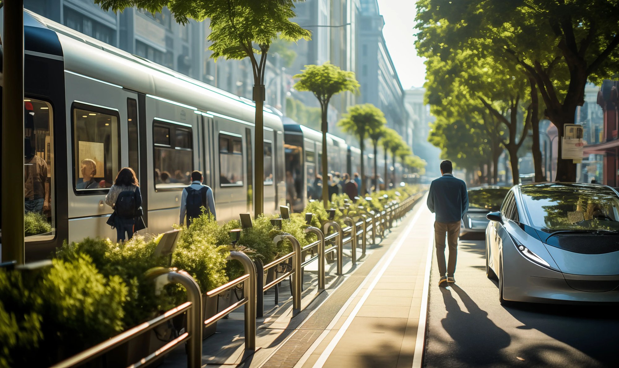 Modern tram and electric car in a green city street with pedestrians, showcasing sustainable urban mobility and smart transportation infrastructure