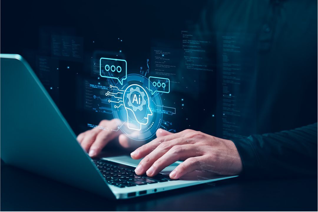 Hands typing on laptop with tech overlay – solving complex integrations through expert support.