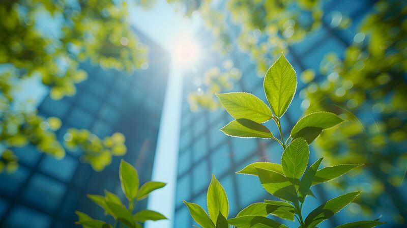 Green leaves and glass building with sunlight – representing vision for sustainable digital transformation