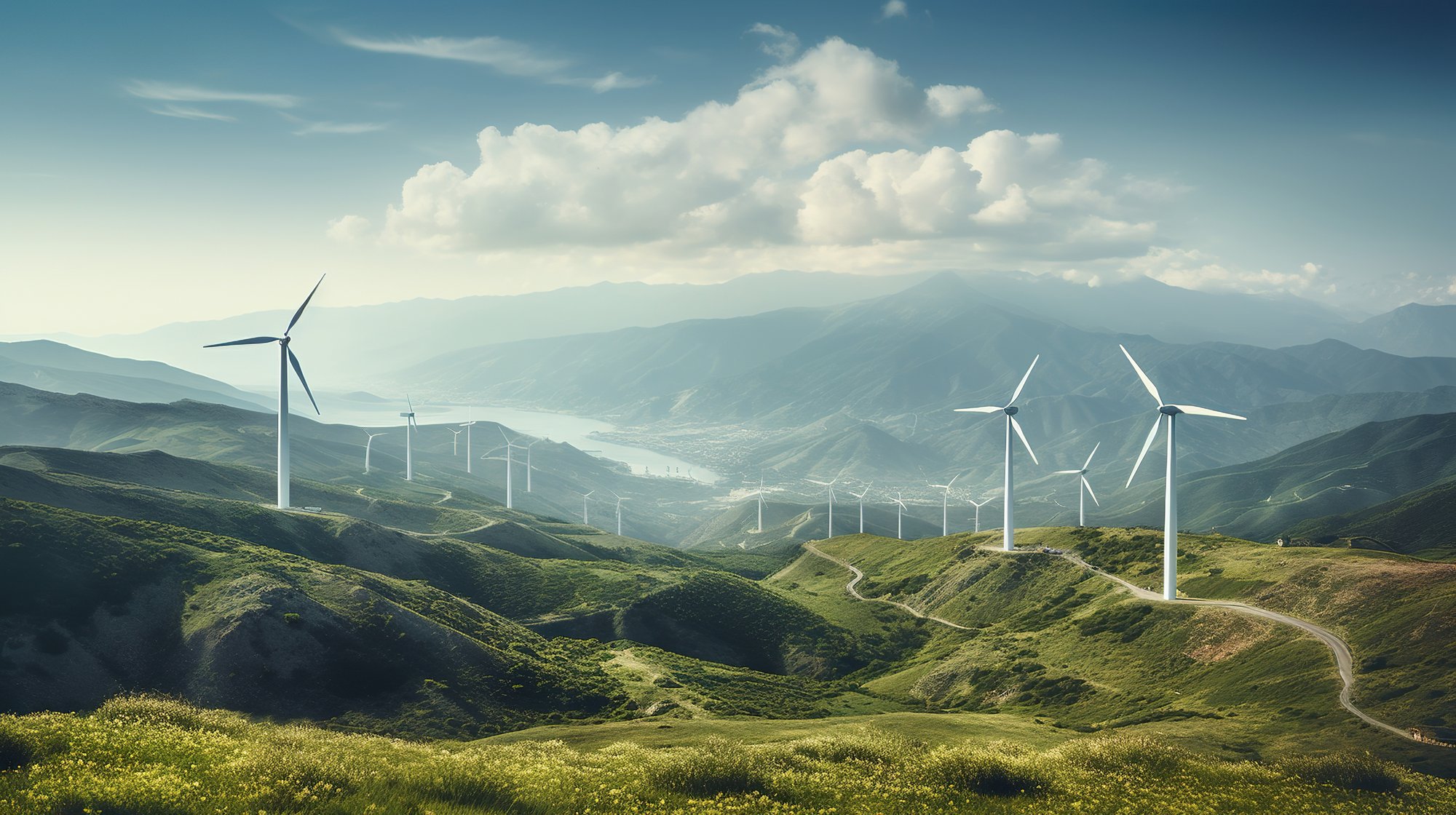 Wind turbines in green hills – symbolizing system integration, scalability, and energy efficiency