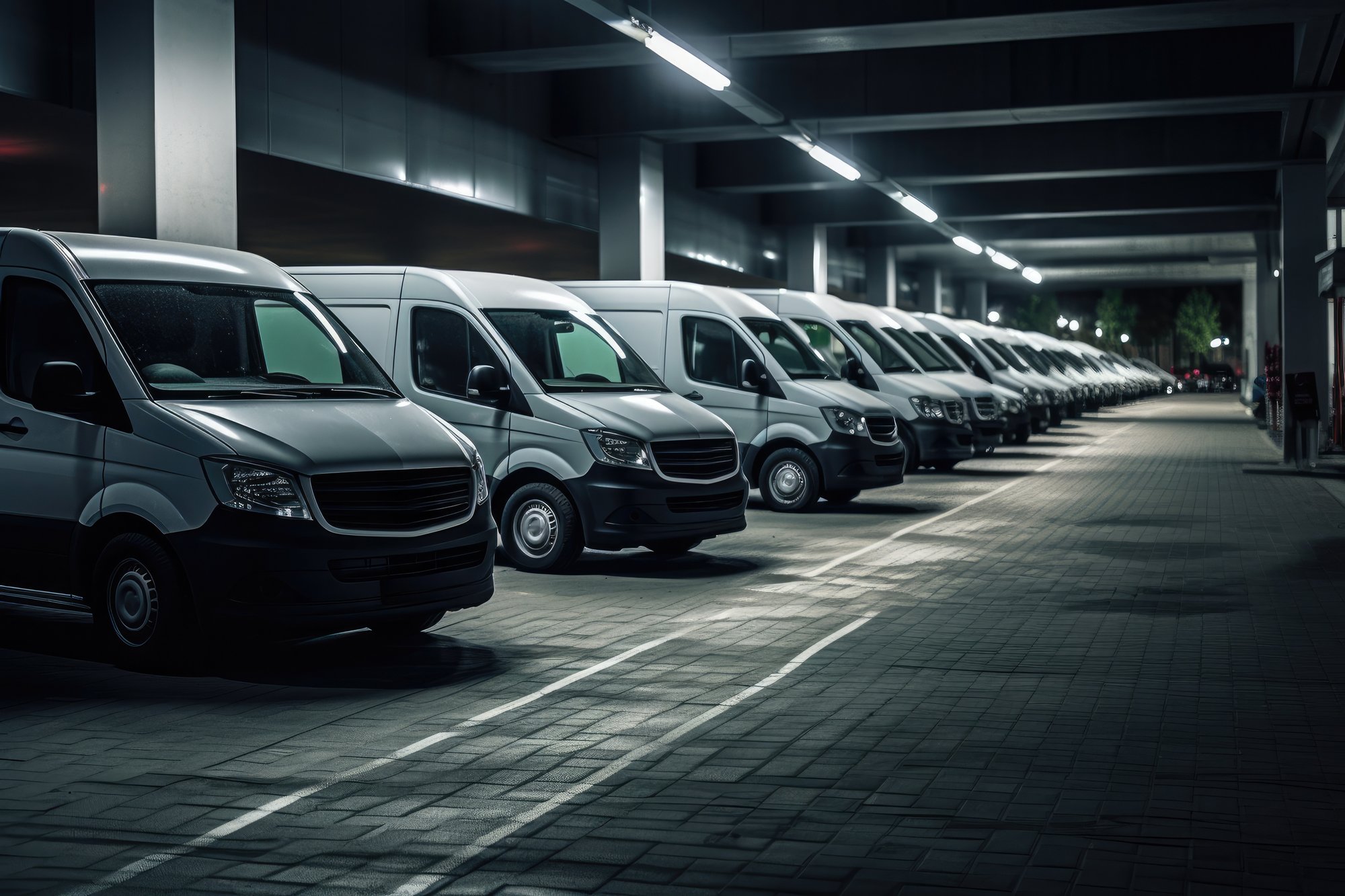 Row of utility vans in underground parking – asset lifecycle consulting and operational planning.