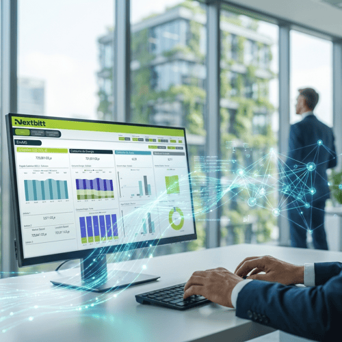 Imagem apresenta fluxos de dados interligados, simbolizando sistemas EAM de nível empresarial para conformidade com a CSRD na gestão de instalações.
