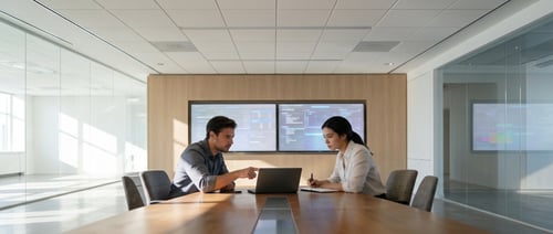 Equipo corporativo colaborando en una oficina moderna con tecnología de gestión de activos.