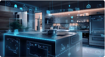 Smart kitchen with digital overlays – real-time monitoring of essential systems via IoT.