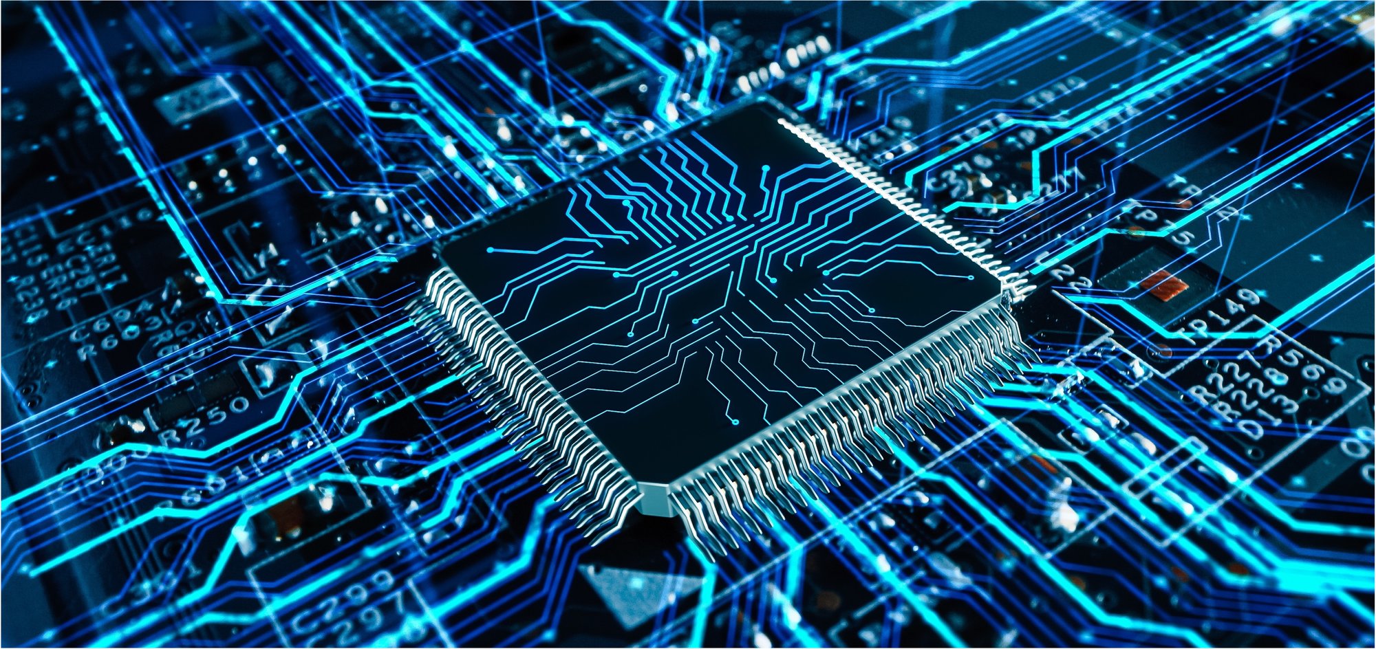 Close-up of microchip with blue circuit – advanced technology powering smart asset systems