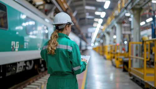 Engenheira Ferroviária Feminina Examinando o Transporte de Comboios de Passageiros no Depósito de Manutenção,