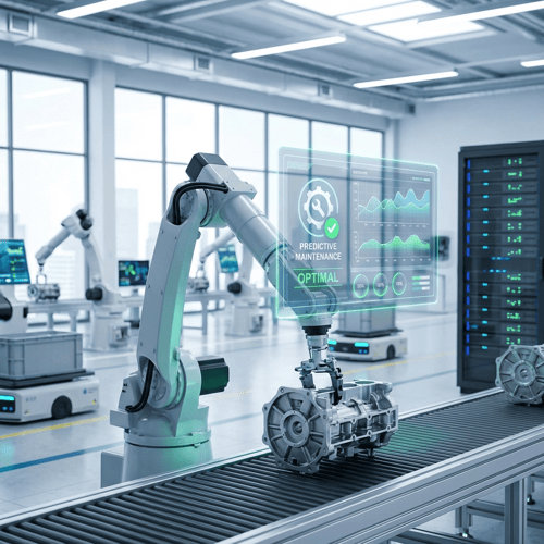  Cenário industrial que apresenta análise de dados, braços robóticos e tecnologia de fábrica inteligente para manutenção preditiva, otimização de sistemas e automação.