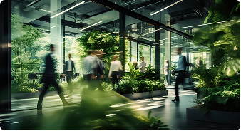 People walking through modern office – success stories in utilities optimization.