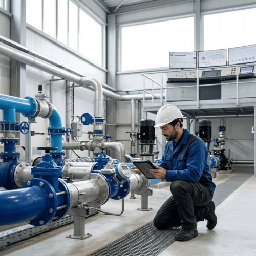 Ingeniero de mantenimiento que revisa la infraestructura hidráulica en un entorno de instalaciones modernas.