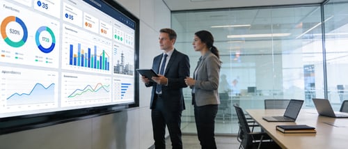  directivos consultando varios cuadros de mando en una oficina limpia y moderna