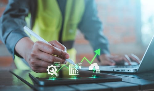 Predictive maintenance planning strategy for Industry, engineering using a tablet, cloud computing, smart factory monitoring hologram panel, asset management.