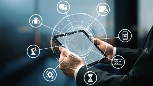 Iconos de mantenimiento predictivo para la industria, la automatización, la fábrica inteligente y la fabricación, que muestran el análisis de datos, la supervisión, la robótica y la optimización de sistemas con soluciones avanzadas de mantenimiento.