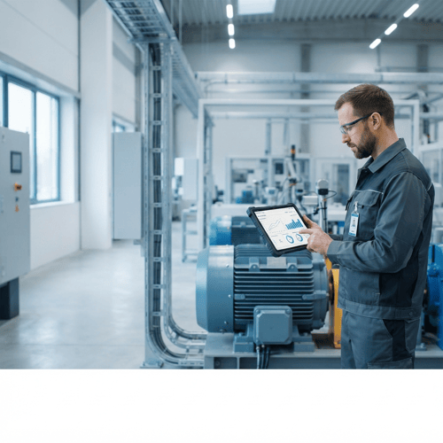 A reliability engineer in clean industrial workwear and safety glasses stands beside a large industrial motor in a modern, well-lit facility, reviewing equipment condition data on a rugged tablet.
