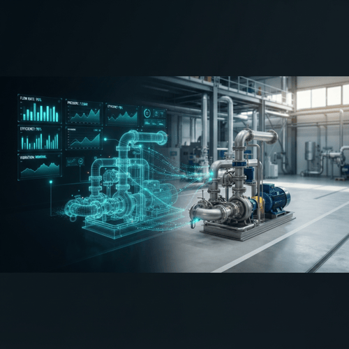 activo industrial (como una unidad de climatización o una estación de bombeo) en unas instalaciones limpias; a la izquierda, el mismo activo representado como un gemelo digital luminoso formado por finas líneas de estructura alámbrica y nodos de datos