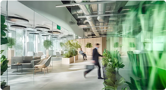 Modern sustainable office space with plants and people – symbolizing innovative asset management for sustainability